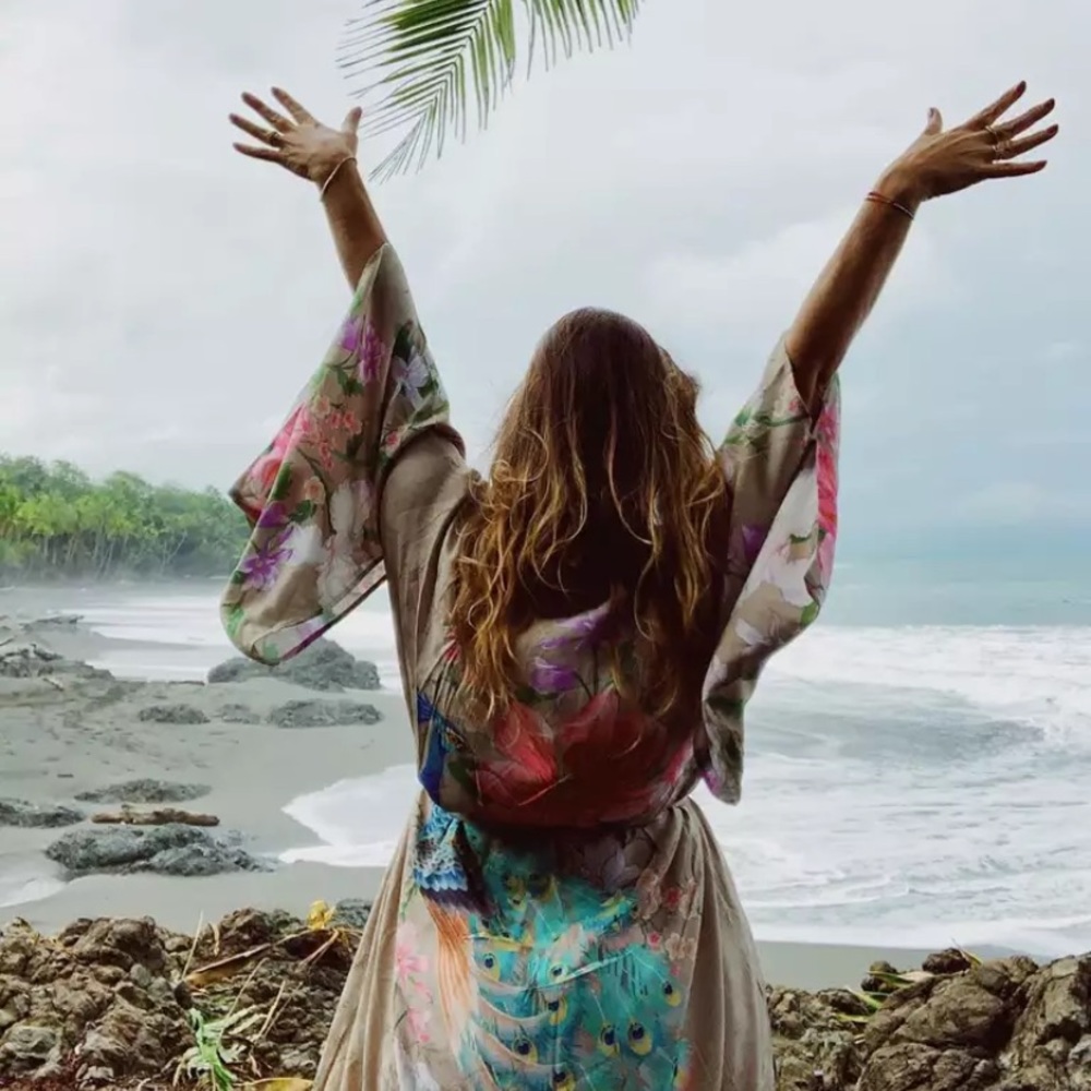 SOLD OUT Gypsy Bohemian Tan Floral Peacock Open Kimono Robe - Picture 4 of 12